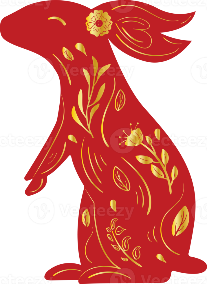 Chinese New Year Red Zodiac Rabbit with Gold Gradient Floral Ornament png