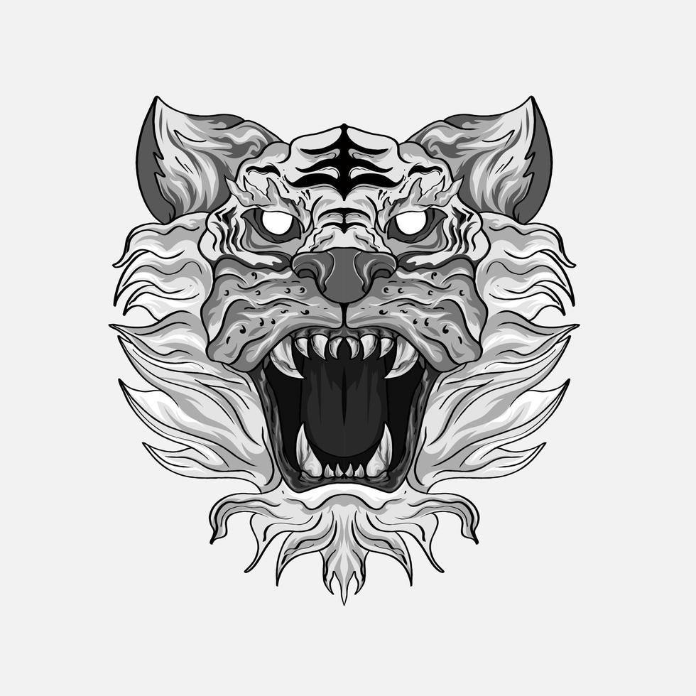 diseño de impresión de tatuaje de estilo japonés de tigre blanco y negro para camiseta. . ilustración vectorial para libros de colorear, camisetas, arte de tatuajes, diseño boho, afiches, textiles. ilustración vectorial aislada vector