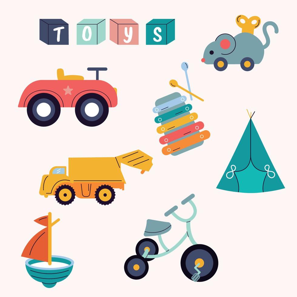 A collection of children's toys. Car, boat, mouse, tent, bicycle vector