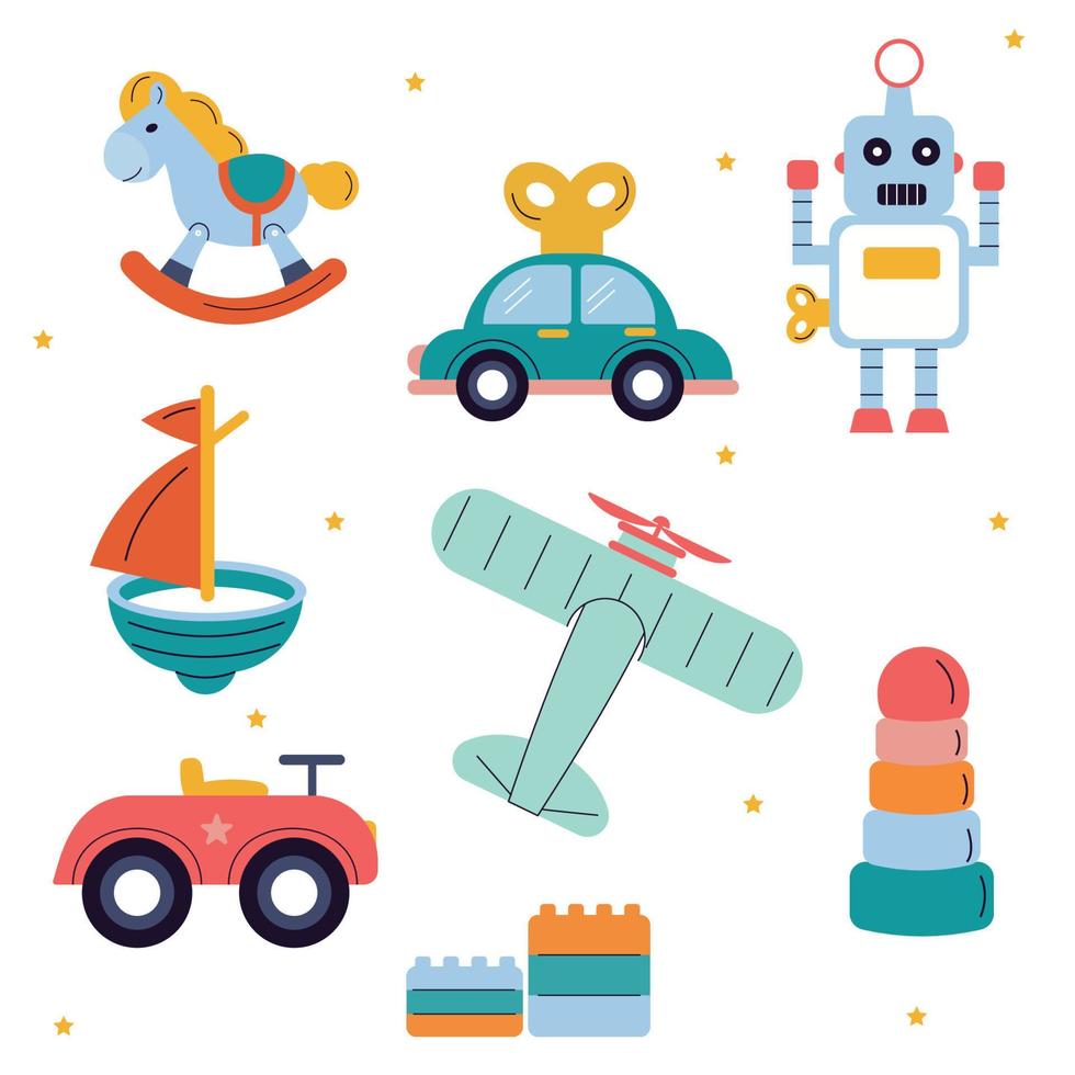 una colección de juguetes para niños. coche, robot, barco, avión vector