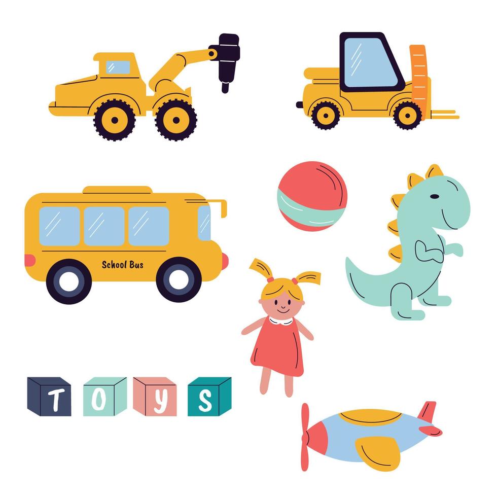 una colección de juguetes para niños. tractor, autobús, muñeca, dinosaurio, pelota, helicóptero, cubos vector