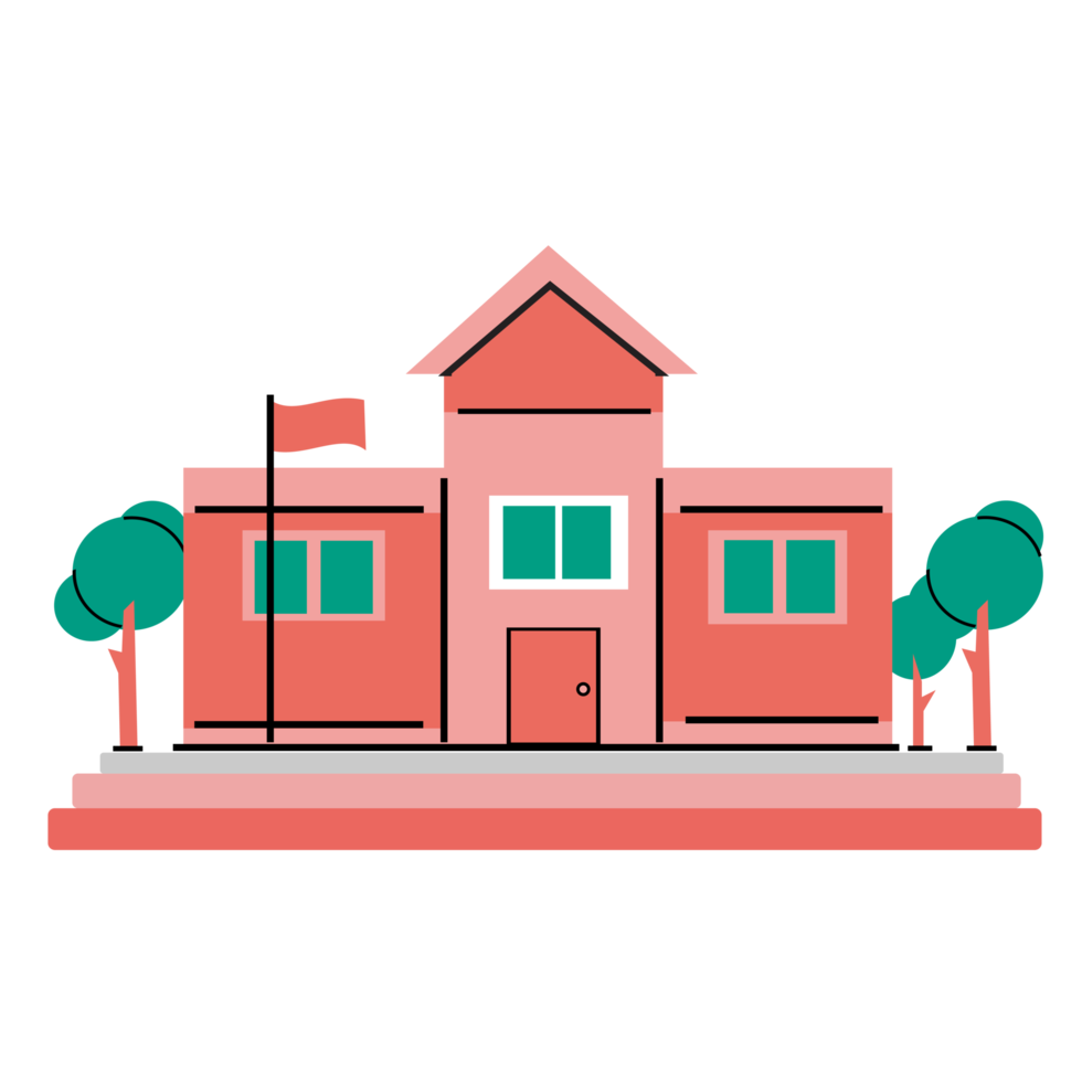 Illustration of a school building in vintage colors. Cartoon school building in transparent background. Basic education elements and design properties. PNG Format