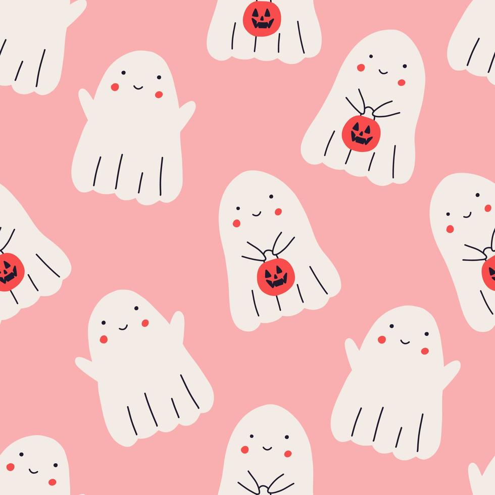 Cute ghost seamless pattern, cartoon flat vector illustration on pink background. Funny ghost flying with basket in shape of pumpkin, trick or treat concept. Adorable kids design.