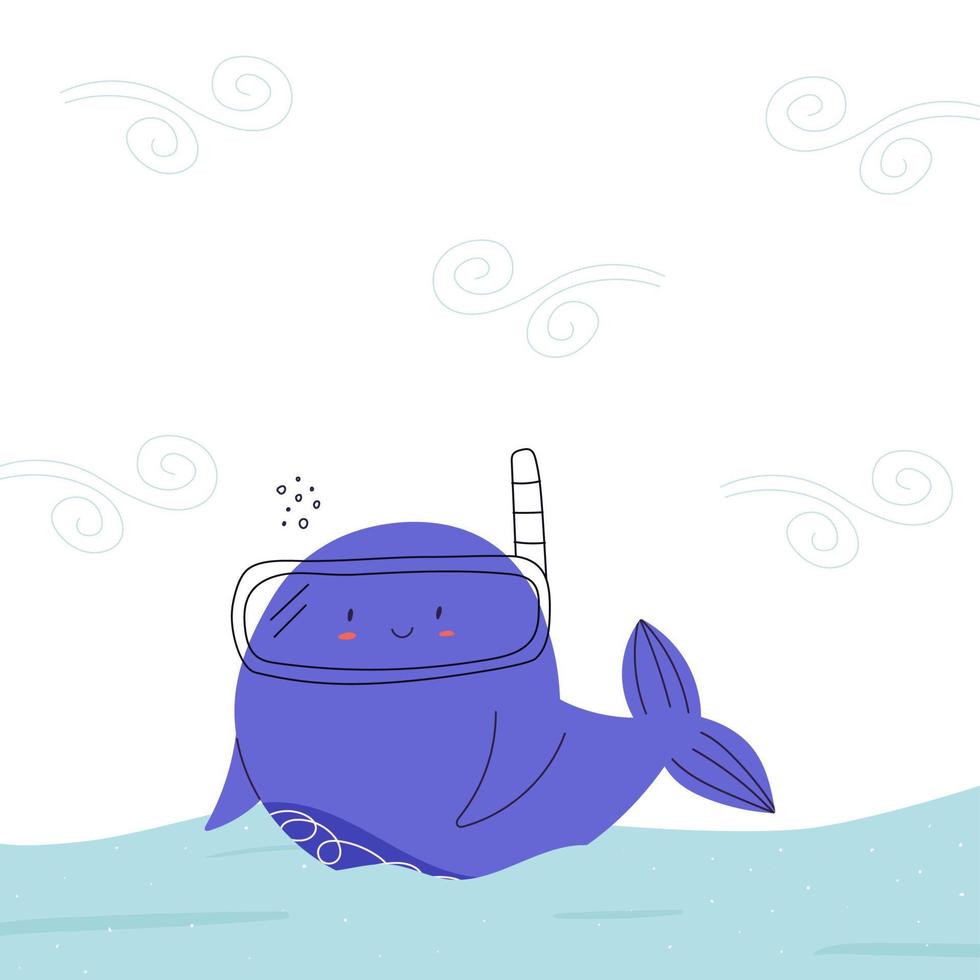 linda ballena en máscara de buceo o snorkel nadando en el mar, ilustración vectorial plana. carácter infantil de mamífero marino. cartel cuadrado con nubes, olas y ballenas. vector