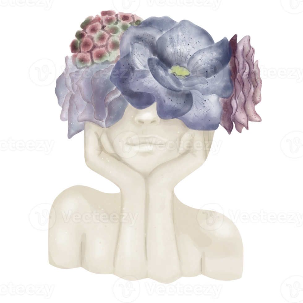 Sculpture of a girl's head with flowers. Watercolor illustration on a transparent background png