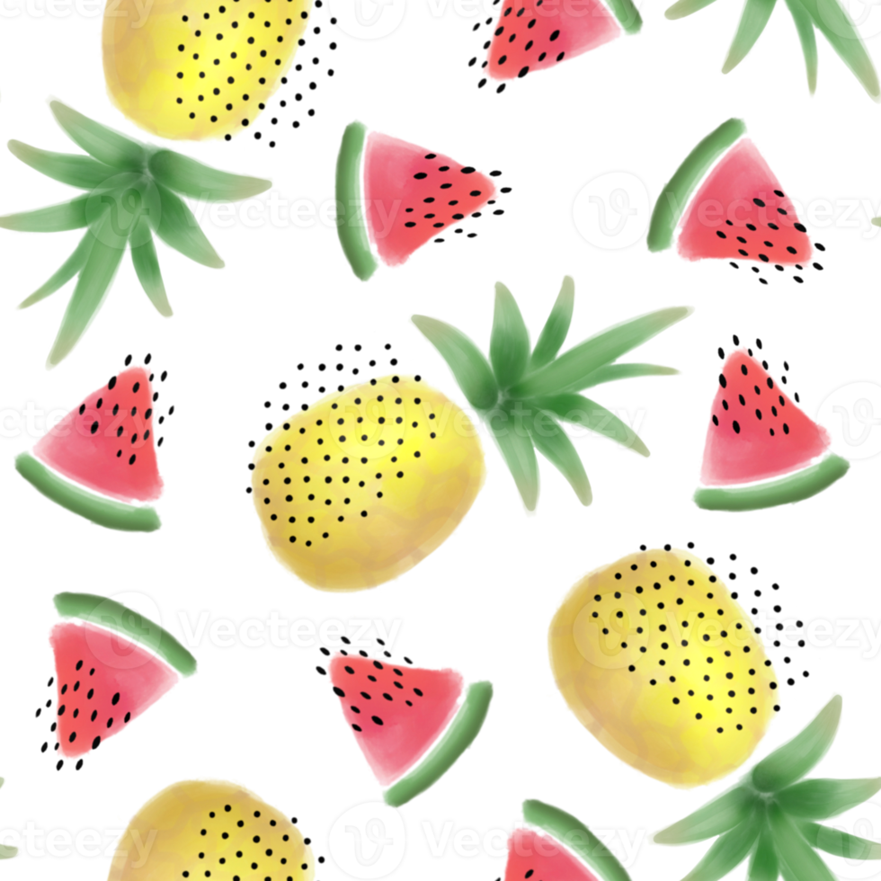 Watercolor pineapple and watermelon seamless pattern. Transparent background png