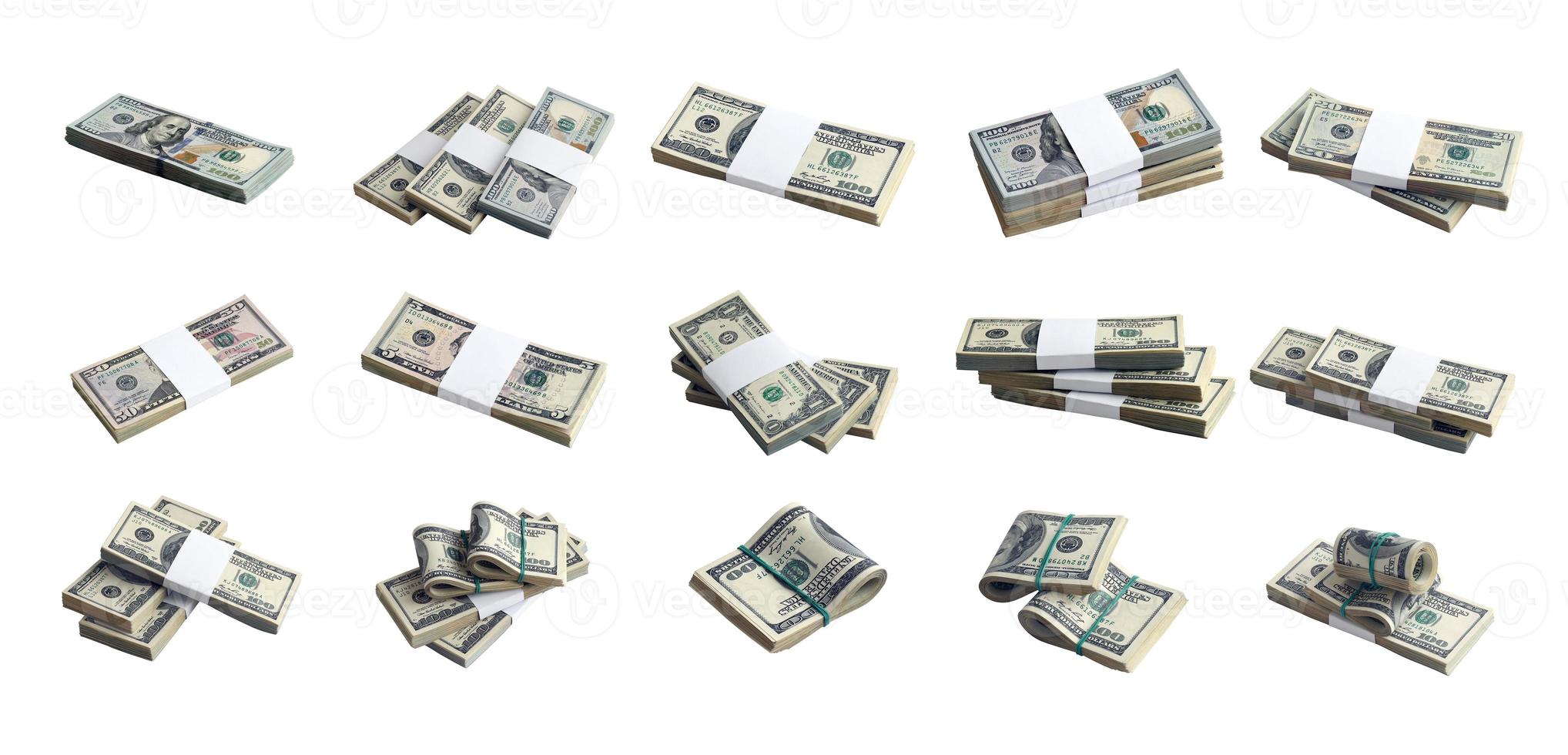 Big set of bundles of US dollar bills isolated on white. Collage with many packs of american money with high resolution on perfect white background photo