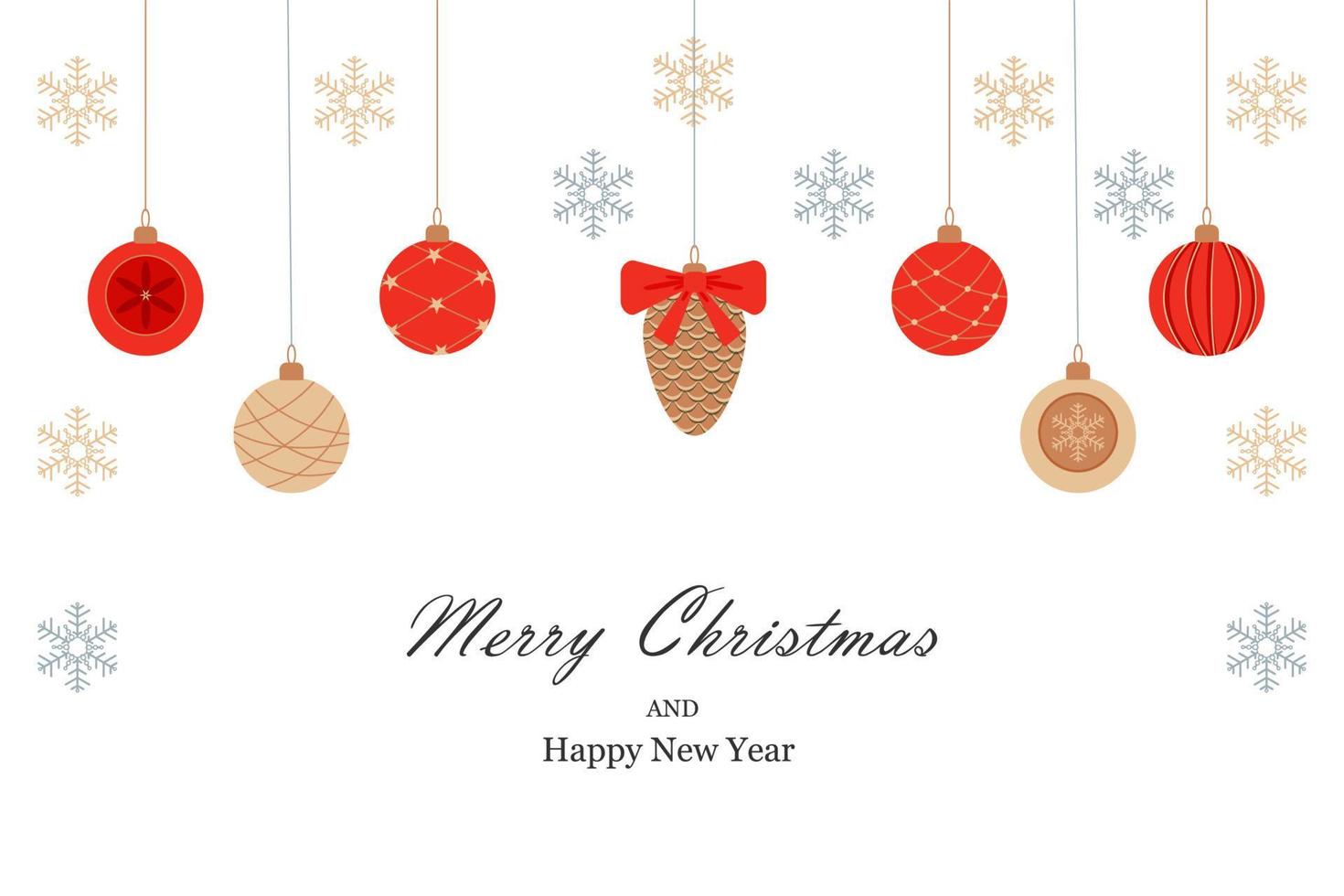 Vector Greeting card design. Template with Christmas toys red, gold and snowflakes. Vector set. For an on-screen digital greeting by email or paper card for personal delivery