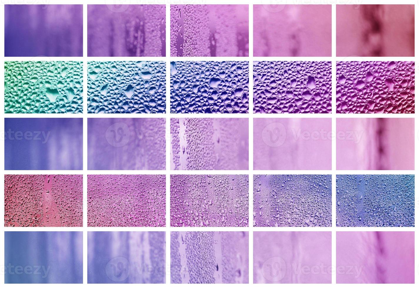 A collage of many different fragments of glass, decorated with rain drops from the condensate. Purple and violet tones photo