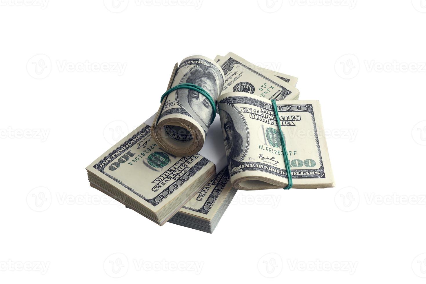 Bundle of US dollar bills isolated on white. Pack of american money