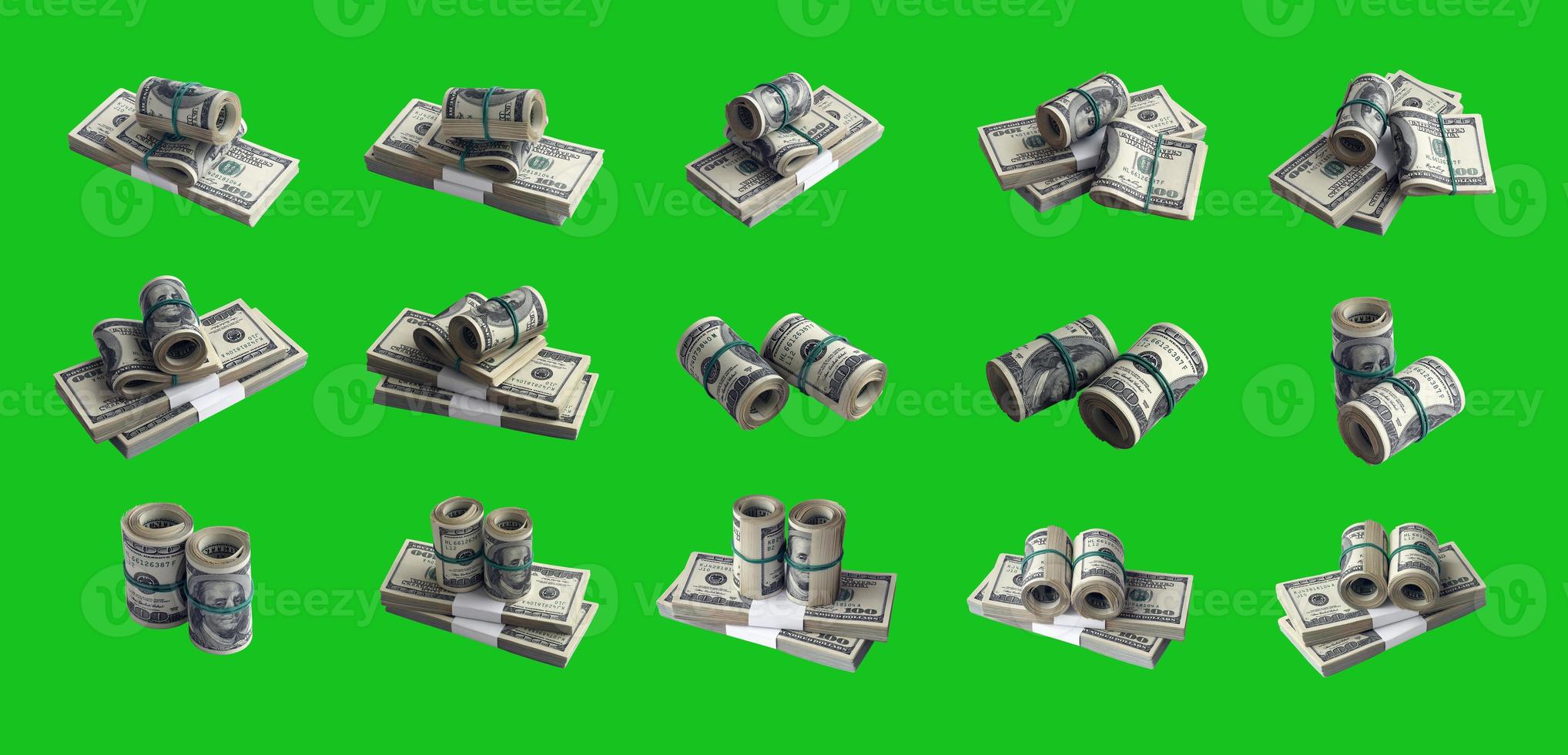 Big set of bundles of US dollar bills isolated on chroma key green. Collage with many packs of american money with high resolution on perfect green background photo