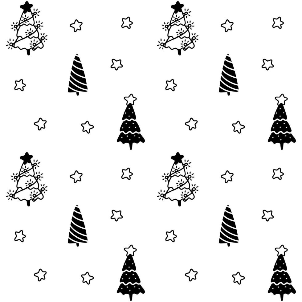 Vector black and white seamless pattern of Christmas trees and stars
