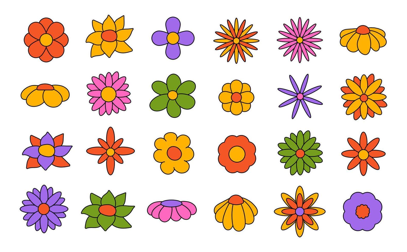 colección de flores florecientes simples al estilo hippie psicodélico de los años 70. conjunto de pegatinas gráficas en diseño retro. fondo maravilloso. ilustración vectorial aislada de trazo editable vector