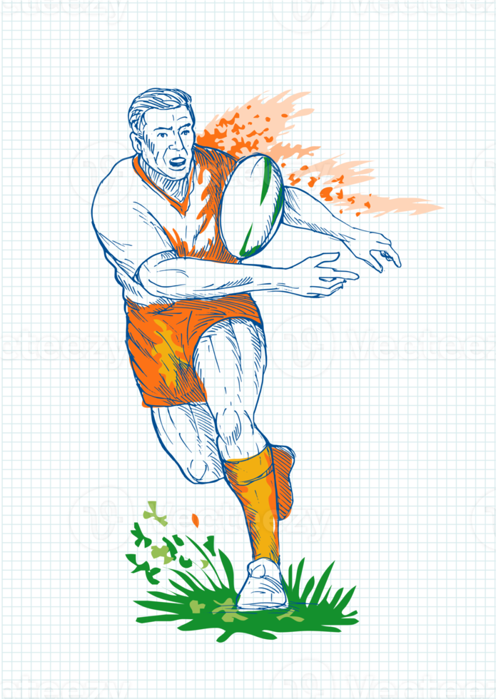 Rugby player running and passing ball png