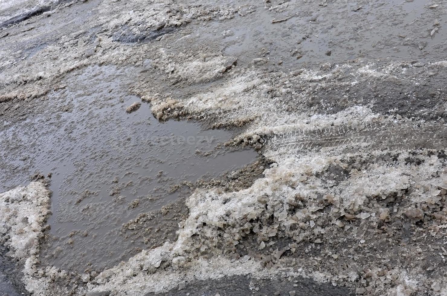 Damaged asphalt road with potholes caused by freezing and thawing cycles during the winter. Poor road photo