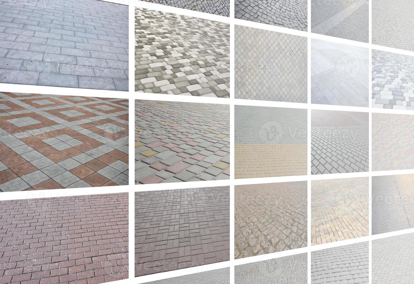 A collage of many pictures with fragments of paving tiles close-up. Set of images with pavement stone photo