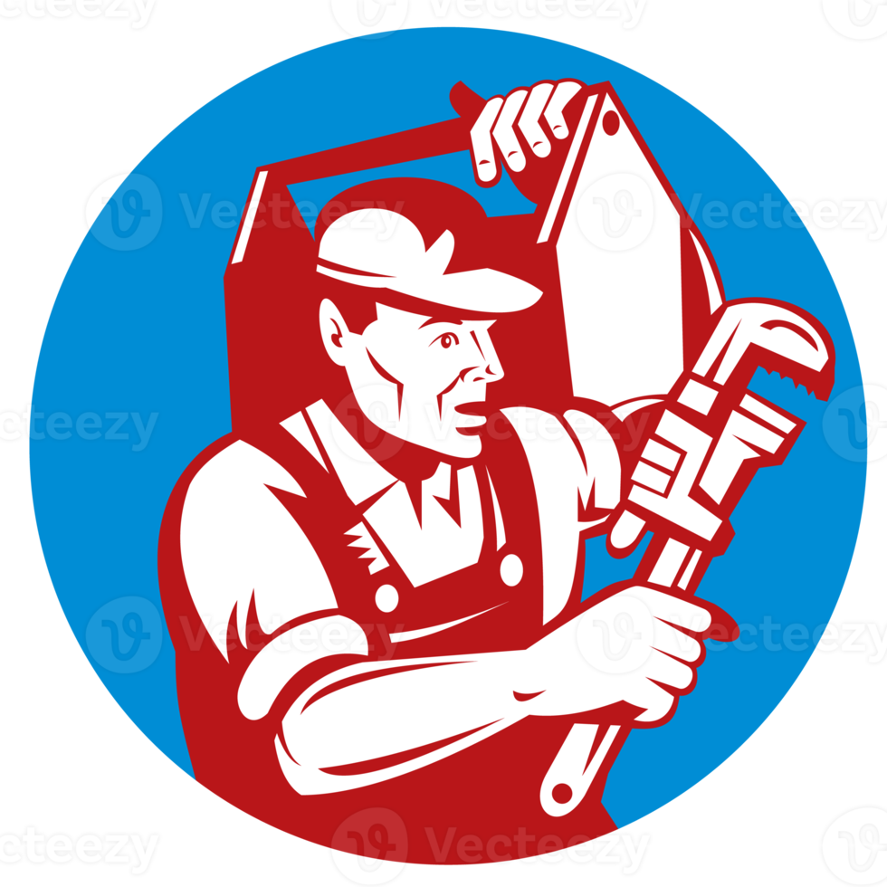 Plumber with monkey wrench and carrying toolbox png