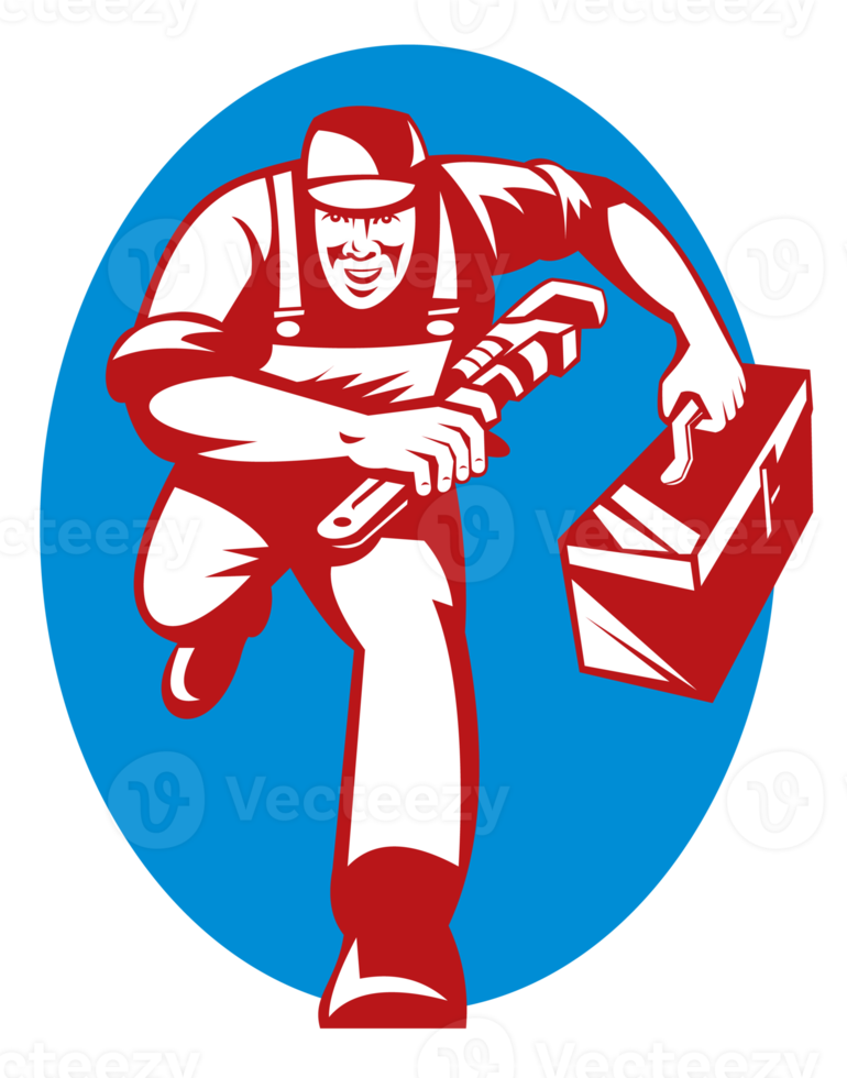 Plumber with monkey wrench toolbox running png