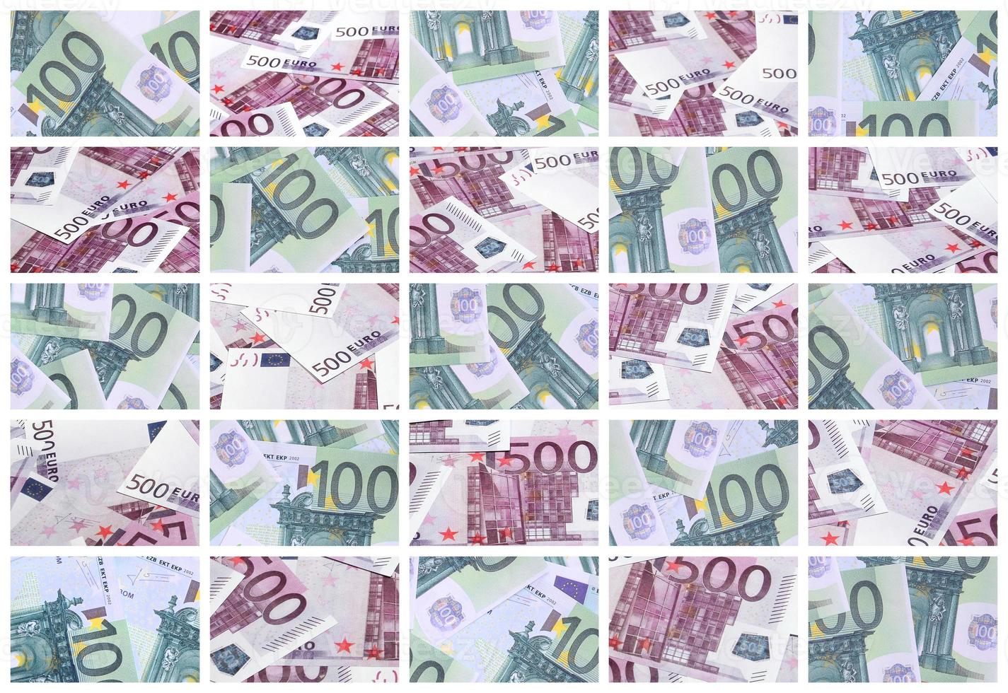 A collage of many images of hundreds of dollars and euro bills lying in a pile photo