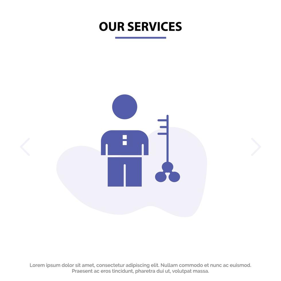 Our Services Solution Key Lock Man Person Provider Security Solid Glyph Icon Web card Template vector