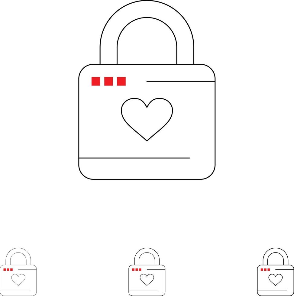 Lock Locker Heart Heart Hacker Heart Lock Bold and thin black line icon set vector