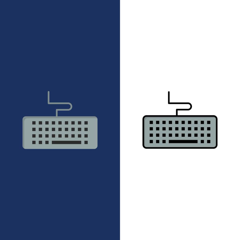 teclado clave hardware educación iconos plano y línea llena conjunto de iconos vector fondo azul