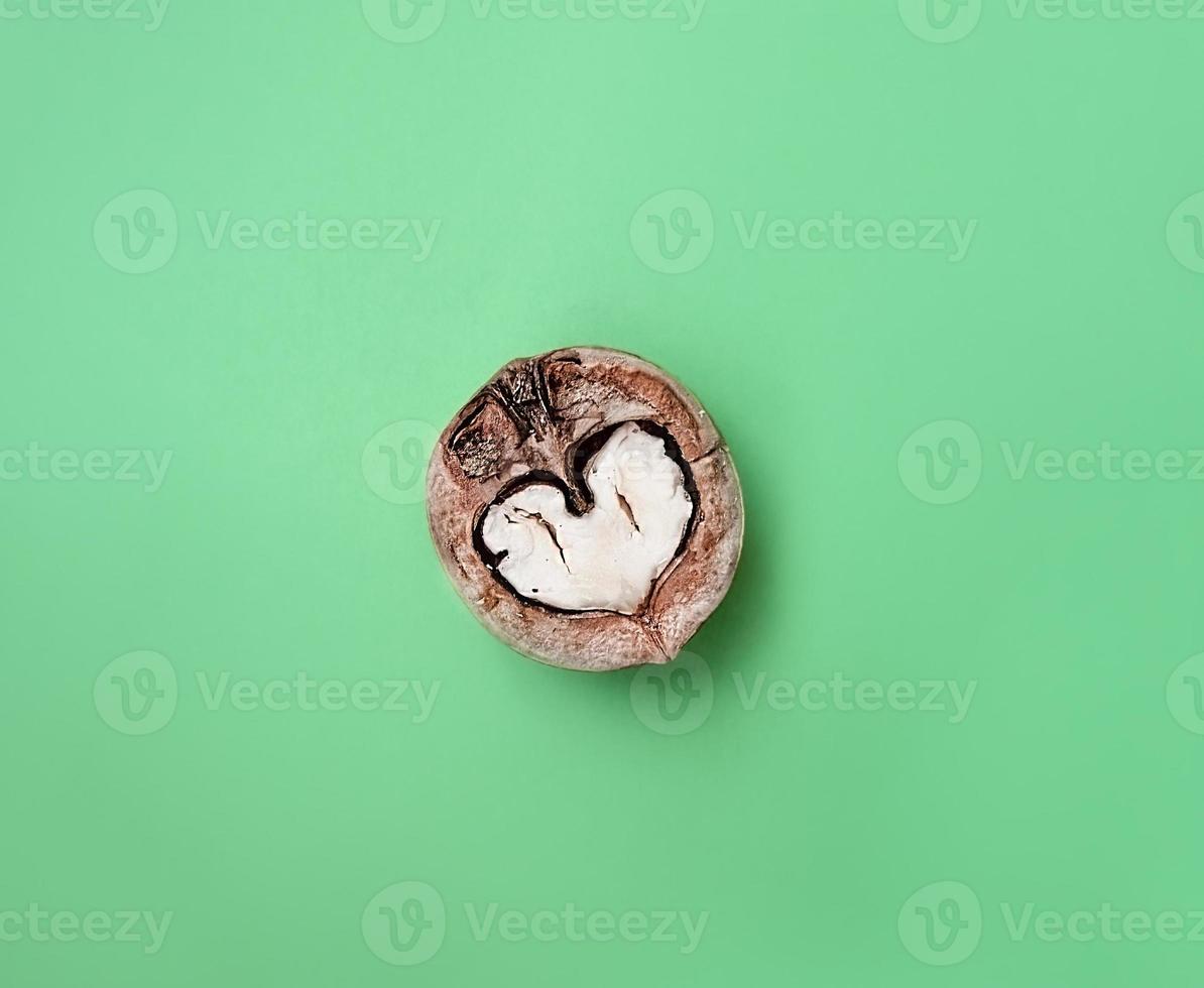 Green background with heart shaped walnut close-up. Copy space. Mint shade background photo
