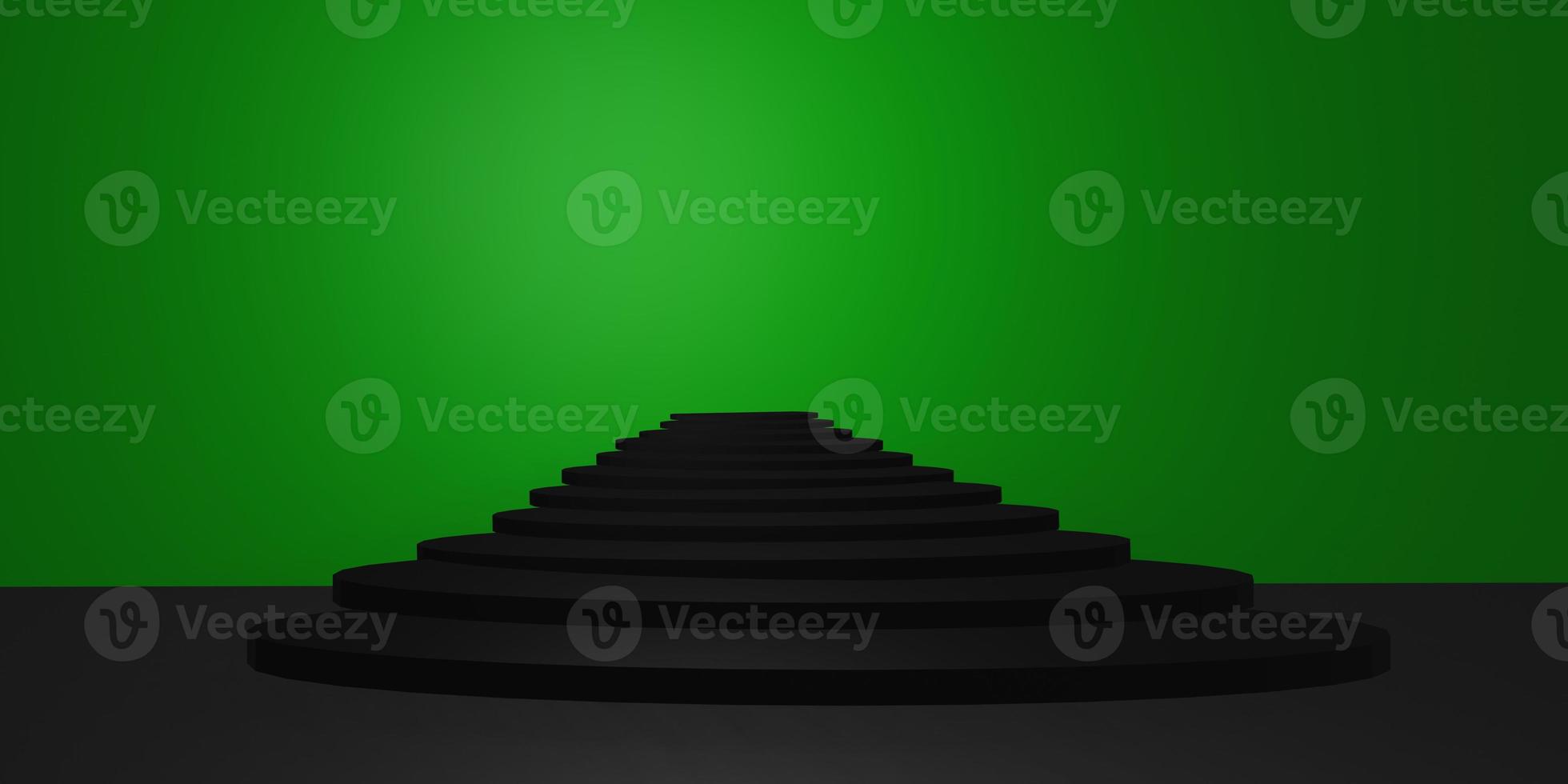black staircase in the middle and green chroma key in the background, movie theater poster 3d render photo
