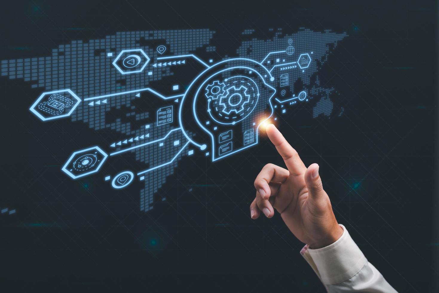 Businessman's finger pointing at virtual icons, business strategy development concept for success, Manage digital transformation, Optimize business process workflow. photo