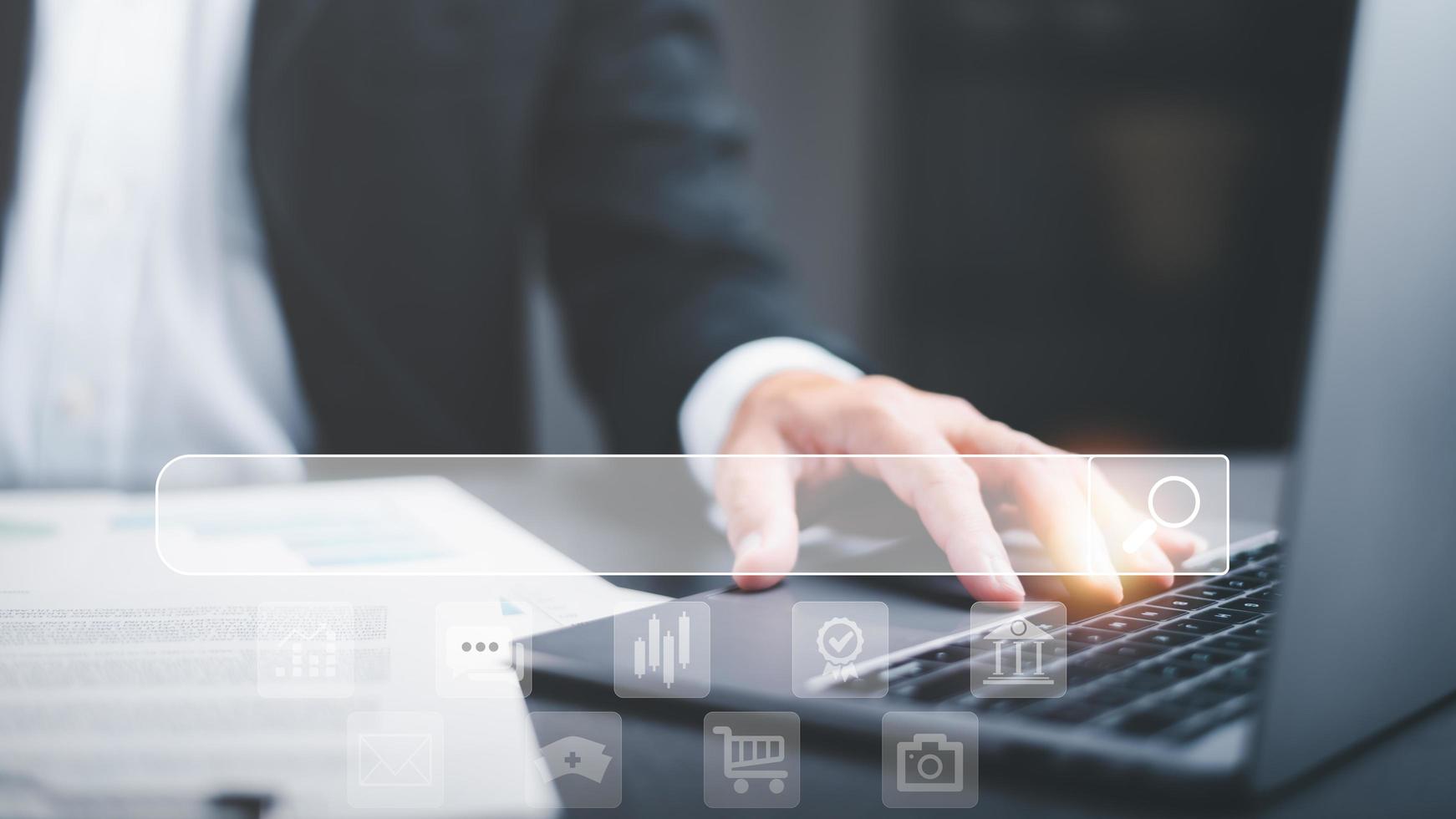 search technology Search Engine Optimization,Using Search Console on Your Website, Connecting and Searching Big Data Worldwide via Keywords.Businessmen use laptops to search for information photo