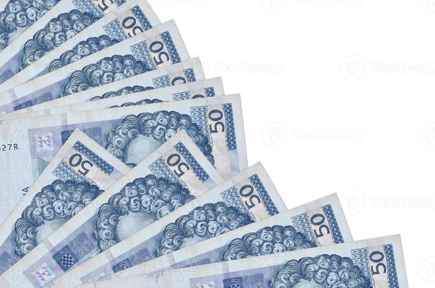 50 Croatian kuna bills lies isolated on white background with copy space stacked in fan close up photo