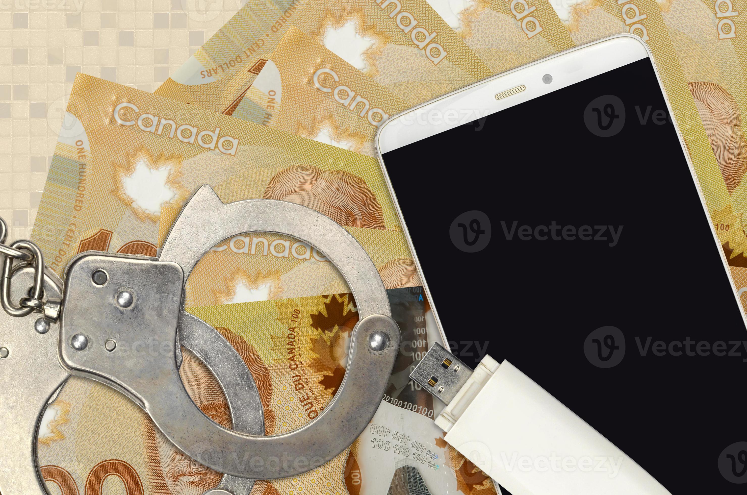 100 Canadian dollars bills and smartphone with police handcuffs