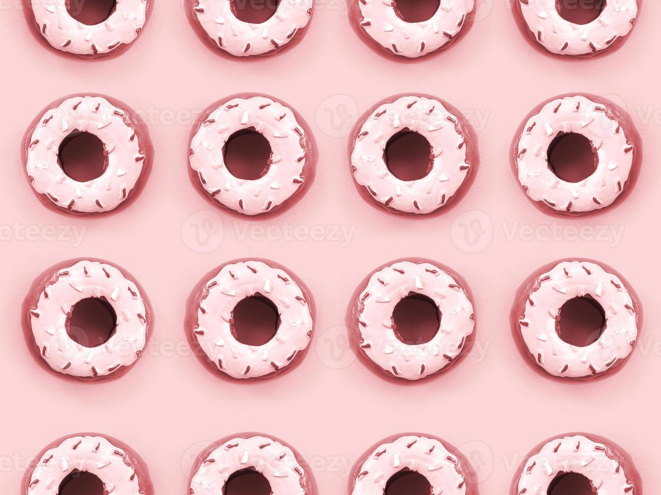 Many small plastic donuts lies on a pastel colorful background. Flat lay minimal pattern. Top view photo