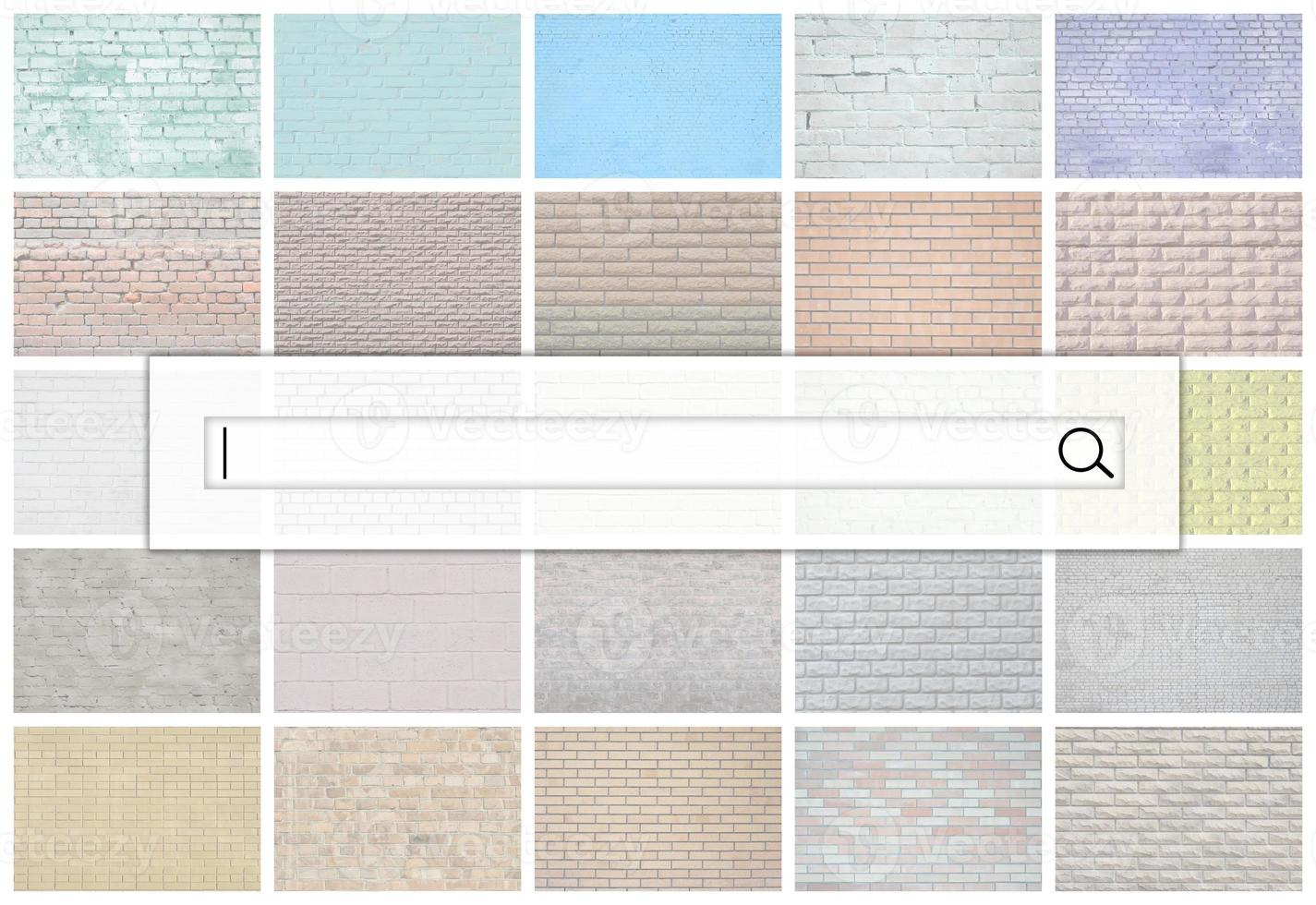 Visualization of the search bar on the background of a collage of many pictures with fragments of brick walls of different colors close-up. Set of images with varieties of brickwork photo