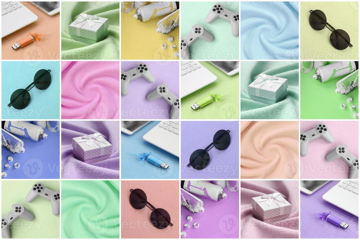 A set of pictures with fashionable youth objects on a soft fleece surface. Trendy pastel light colors photo