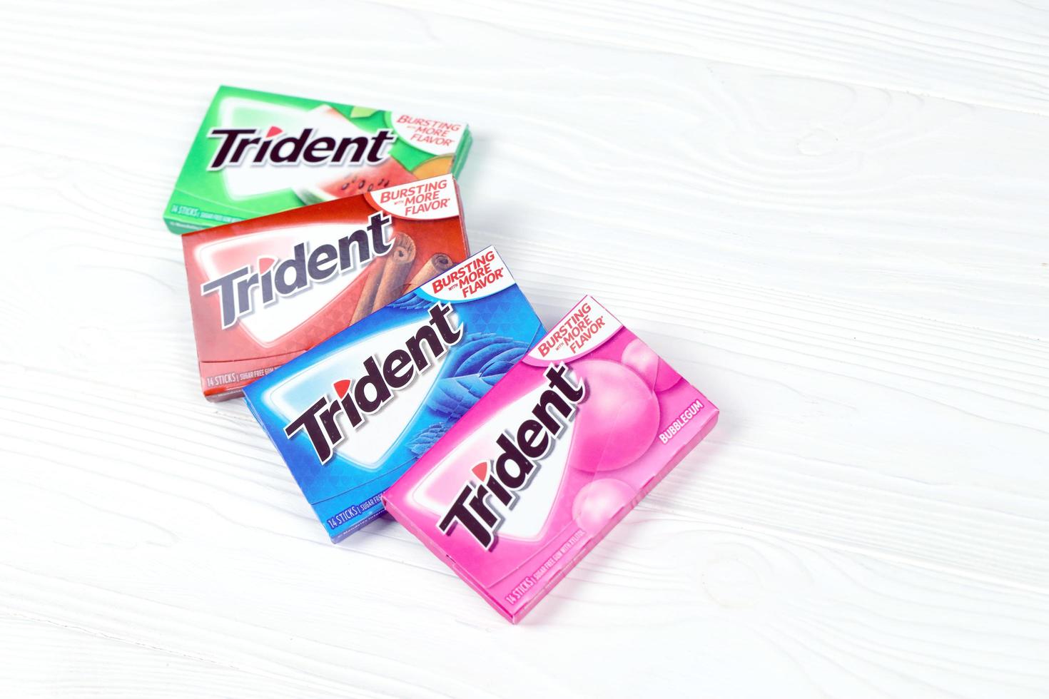 KHARKIV, UKRAINE - MARCH 15, 2021 Packs of Trident gums. Trident was introduced in 1964 as one of the first patented sugarless gums photo