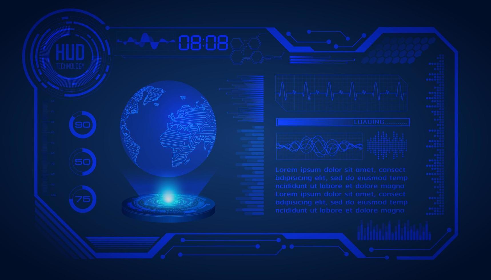 proyector holográfico de mapa del mundo moderno sobre fondo de tecnología vector