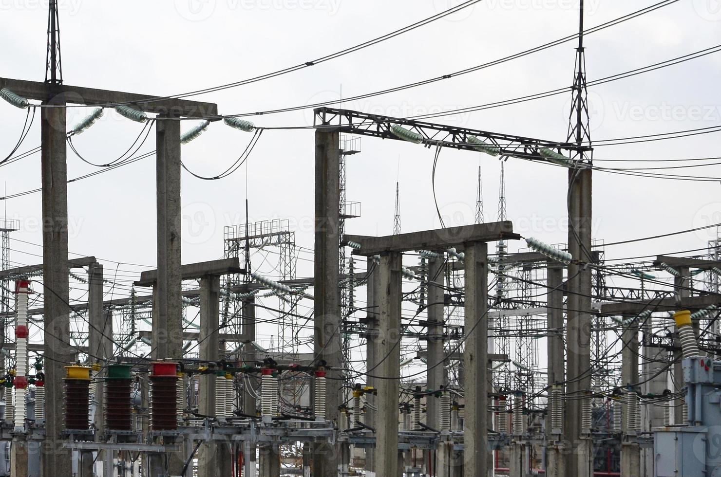 Power plant is a station of transformation. A lot of cables, poles and wires, transformers. Electro-energy. photo