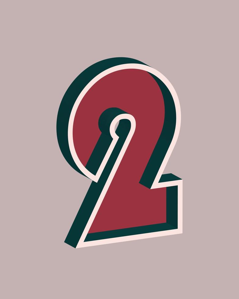 Vector number 2 with 3D effect in retro style. Well red and Deep Teal colors