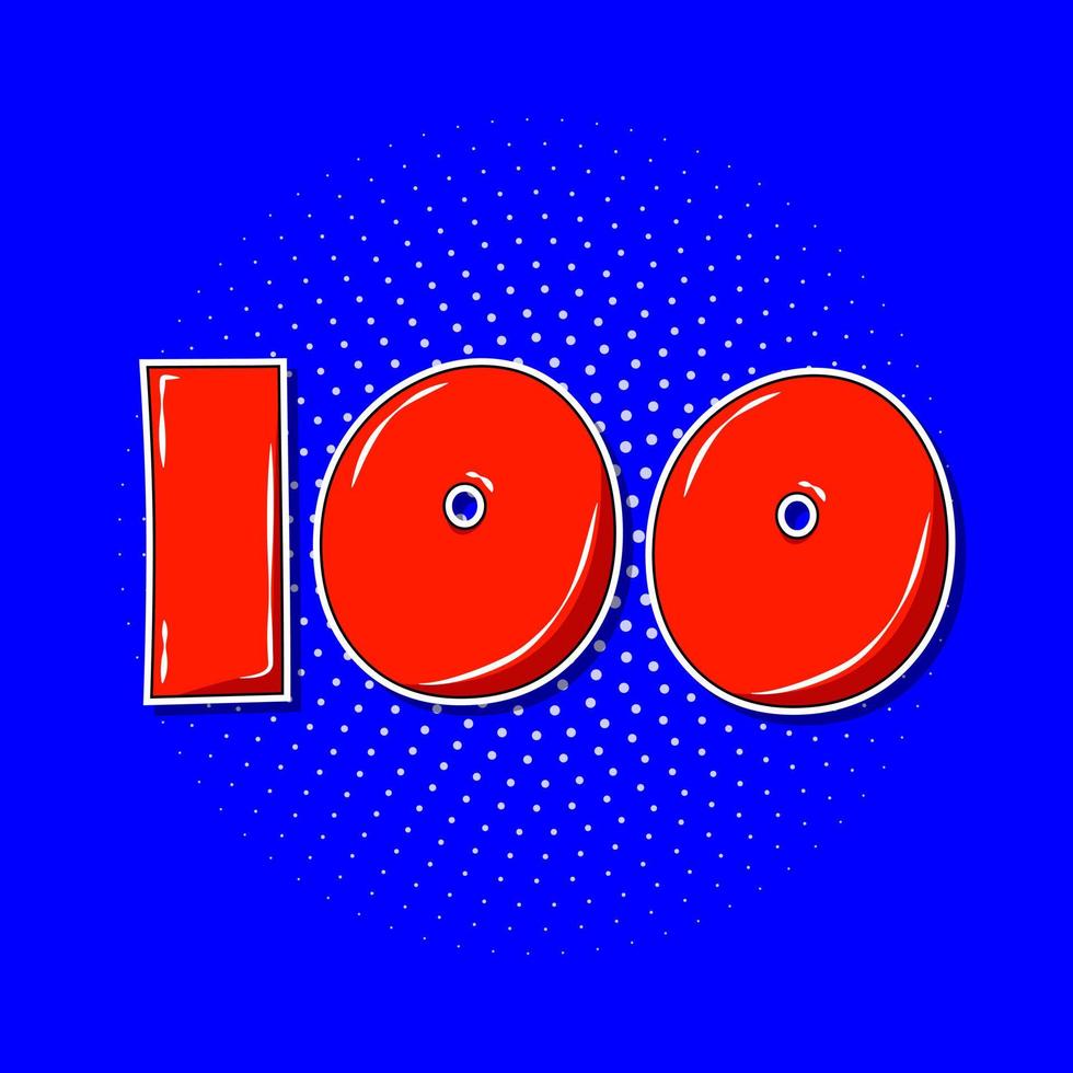 Pop art red number 100 over blue dotted background. vector
