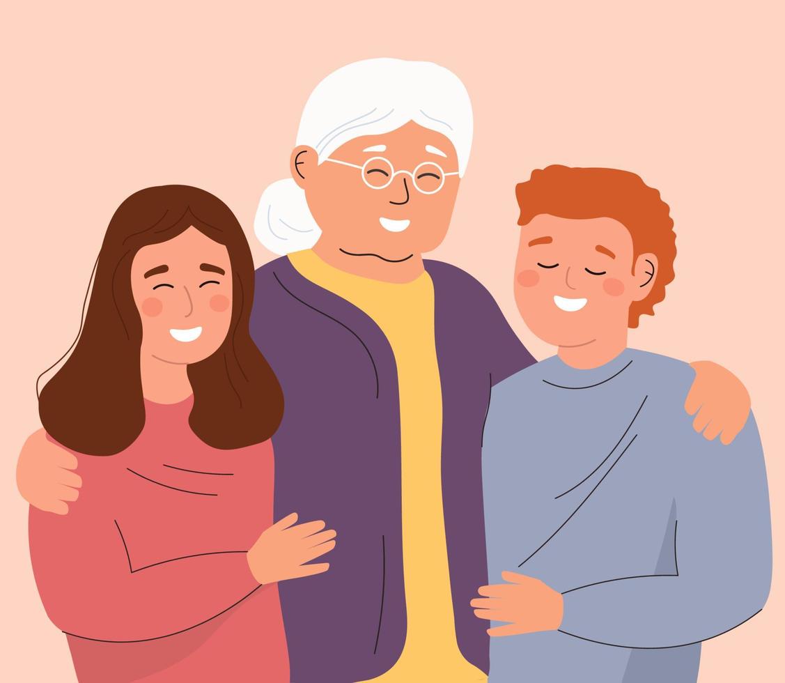 la abuela y sus nietos están felices. la anciana abraza a los niños. el concepto de familia, generaciones, comunicación. gráficos vectoriales vector