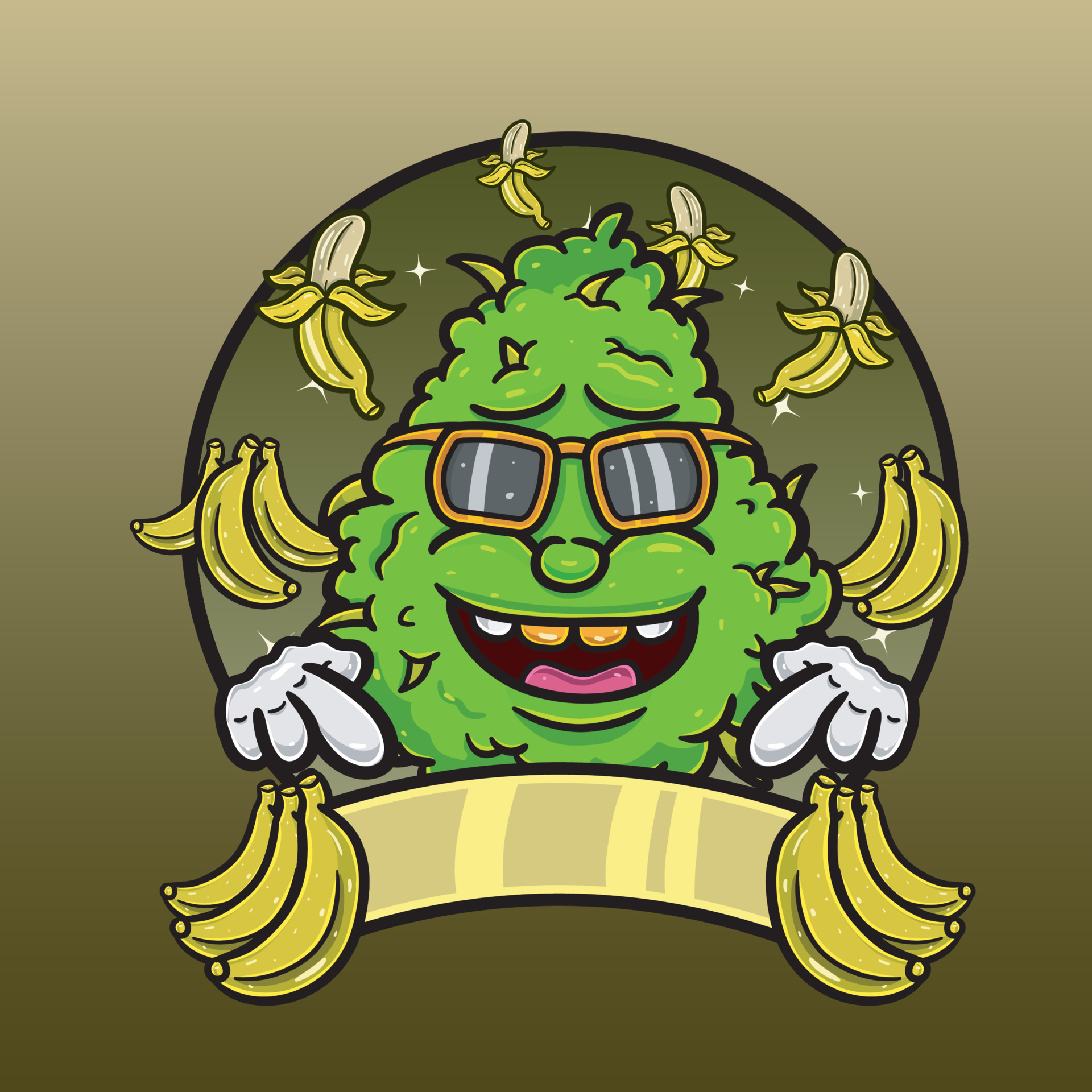 Banana Flavor with Weed Mascot Cartoon. Weed Design For Logo, Label and