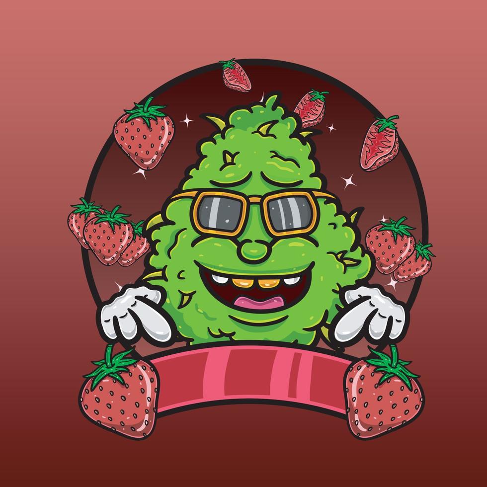 Strawberry Flavor with Weed Mascot Cartoon. Weed Design For Logo, Label and Packaging Product. vector