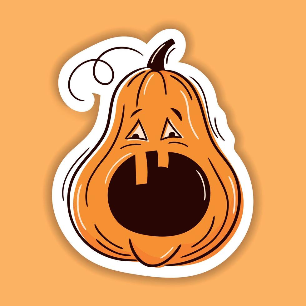 Halloween vector sticker. One line hand drawn Halloween emoticon pumpkin. Jack o Lantern. Funny face isolated on white, cute pumpkins. Doodle for logo, poster, emblem