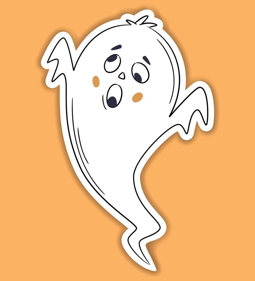 Halloween vector sticker. One line hand drawn Halloween emoticon ghost. Funny little cute ghost. Doodle for logo, poster, emblem. Cartoon style