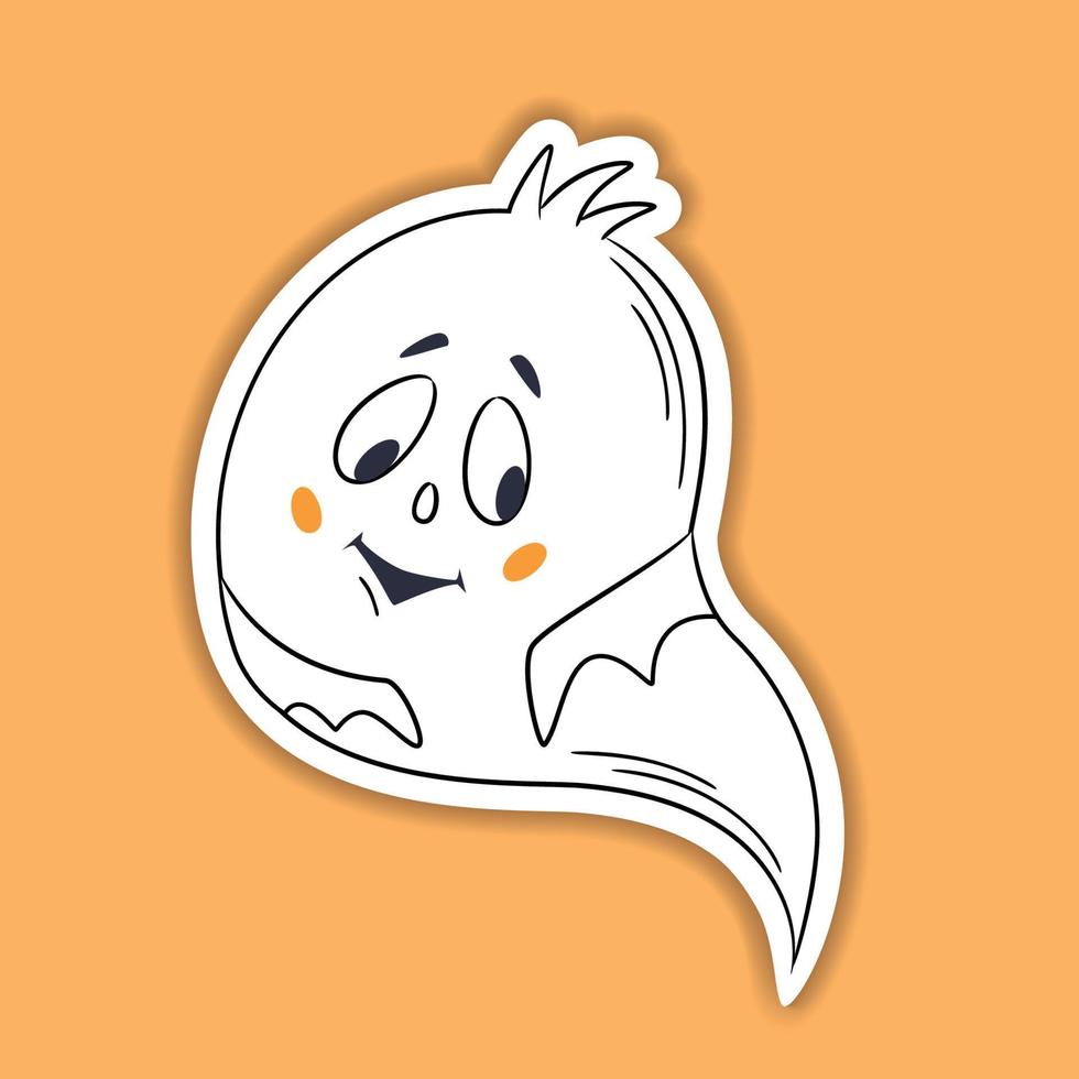 etiqueta engomada del vector de Halloween. fantasma de emoticono de halloween dibujado a mano de una línea. gracioso pequeño y lindo fantasma confundido. garabato para logotipo, afiche, emblema. estilo de dibujos animados