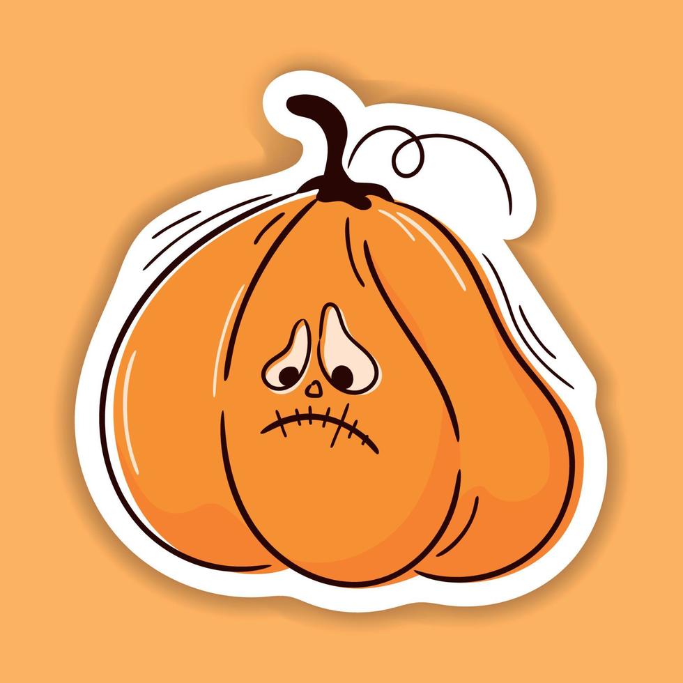 Halloween vector sticker. One line hand drawn Halloween emoticon pumpkin. Jack o Lantern. Funny face isolated on white, cute pumpkins. Doodle for logo, poster, emblem