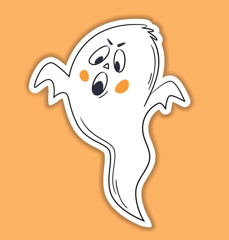 Halloween vector sticker. One line hand drawn Halloween emoticon wicked ghost. Funny little cute ghost. Doodle for logo, poster, emblem. Cartoon style
