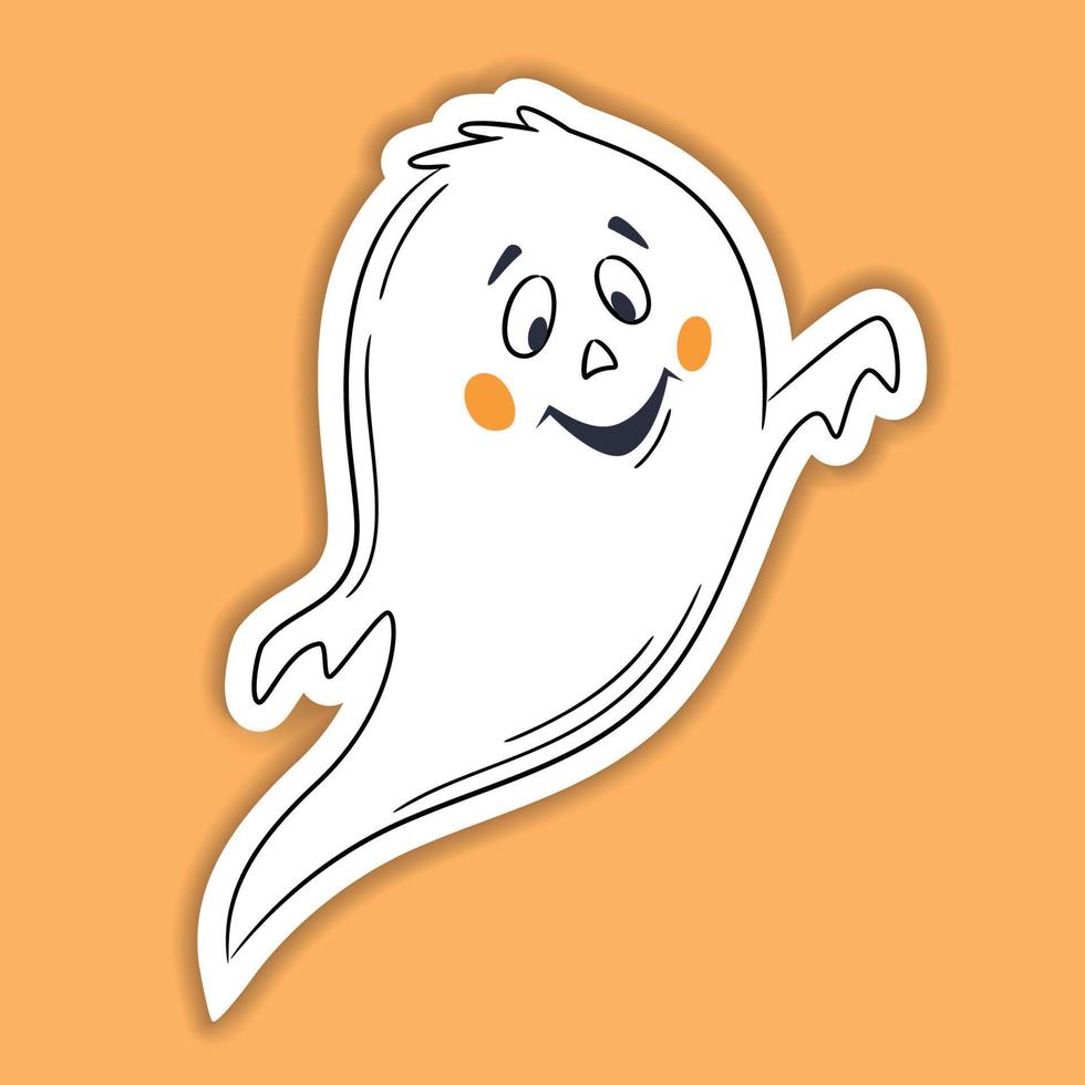 Halloween vector sticker. One line hand drawn Halloween emoticon ghost. Funny little cute ghost. Doodle for logo, poster, emblem. cartoon style