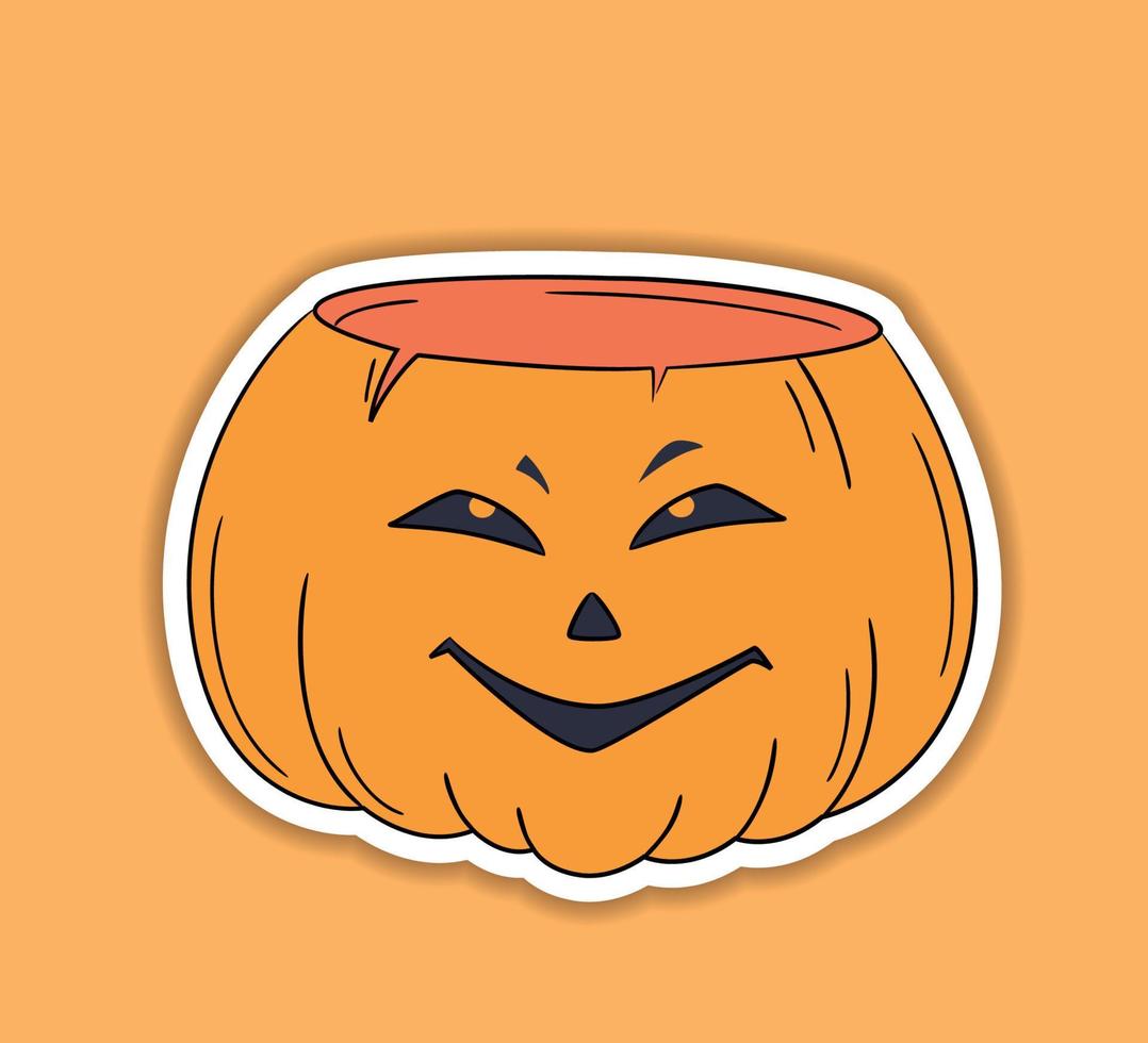 Halloween vector sticker. One line hand drawn Halloween emoticon pumpkin. Jack o Lantern. Funny face isolated on white, cute pumpkins. Doodle for logo, poster, emblem. Cartoon style